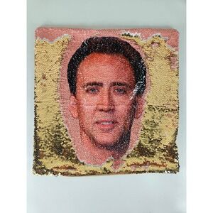 Nicolas Cage Reversible Sequin Pillow Case Gold Pink Magic Meme Gift 15x15"